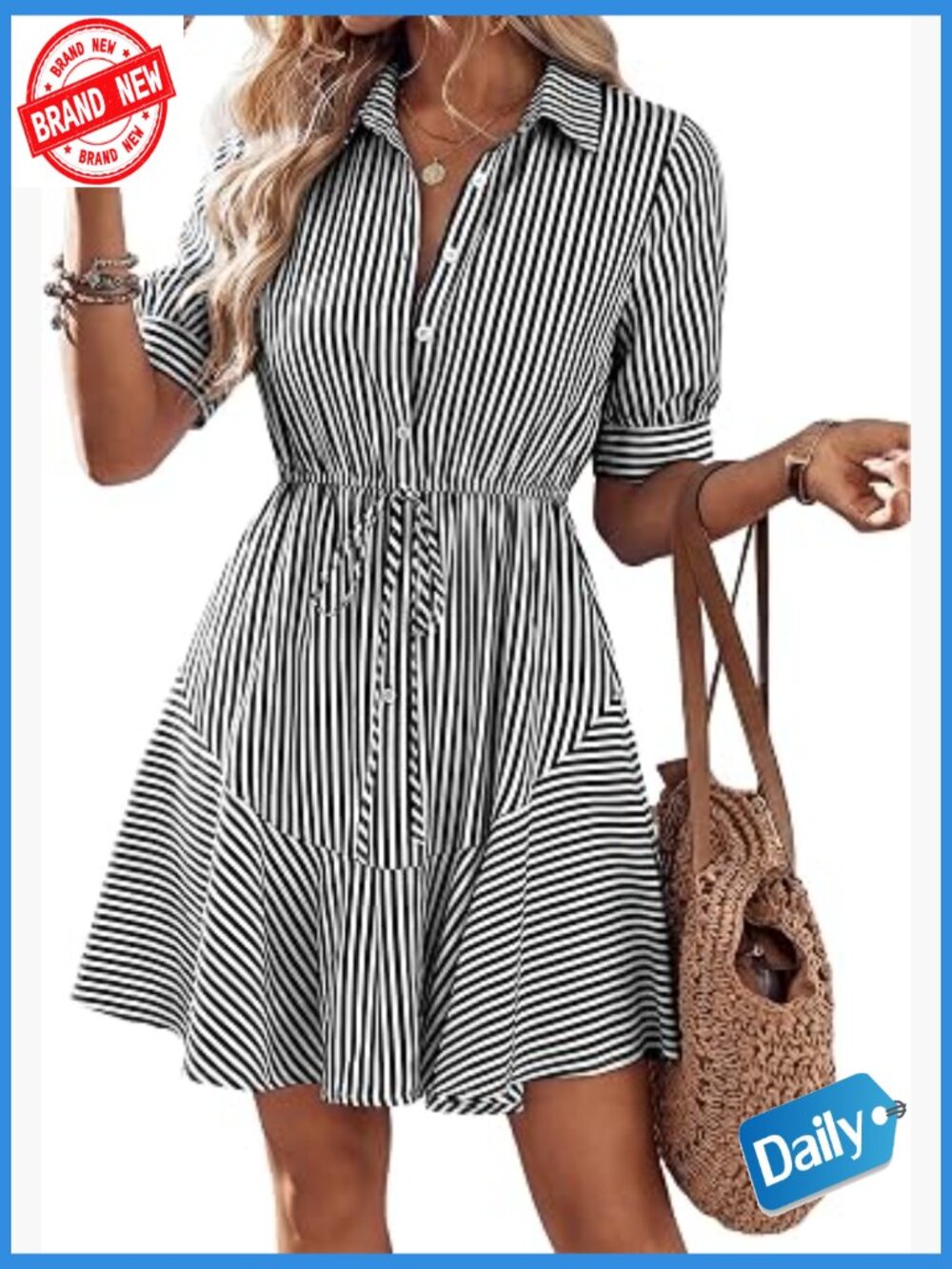 Striped Puff Short Sleeve Mini Dress V Neck Button Down A Line Work
